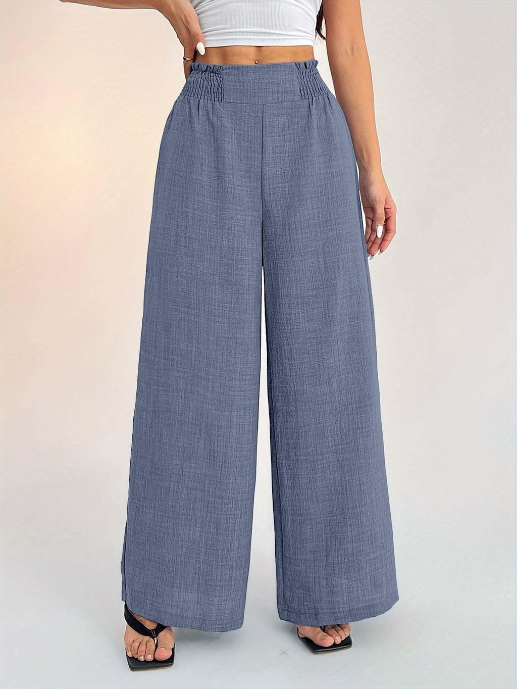 Sugathari Womens Denim Blue Casual Wide Leg Pants  High Waist Elastic Waistband Loose Fit Long Trousers | Lightweight Straight