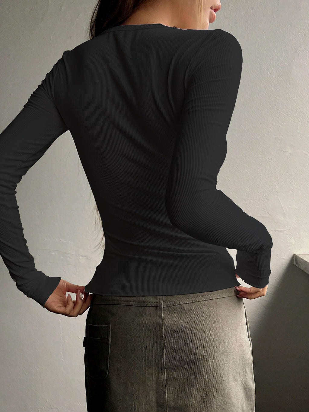Shasmi Womens & Girls Black Long Sleeve Round Neck Solid Color Ruched Workwear Casual Top Half Button Down Henley T-Shirt for