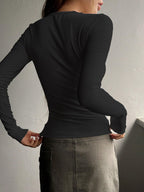 Shasmi Womens & Girls Black Long Sleeve Round Neck Solid Color Ruched Workwear Casual Top Half Button Down Henley T-Shirt for