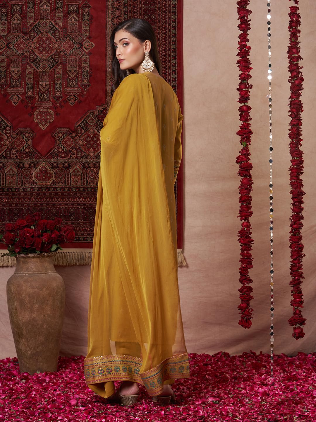 ANNI DESIGNER Women s Viscose Rayon Straight Kurta with Trousers and Dupatta, Mustard, 44