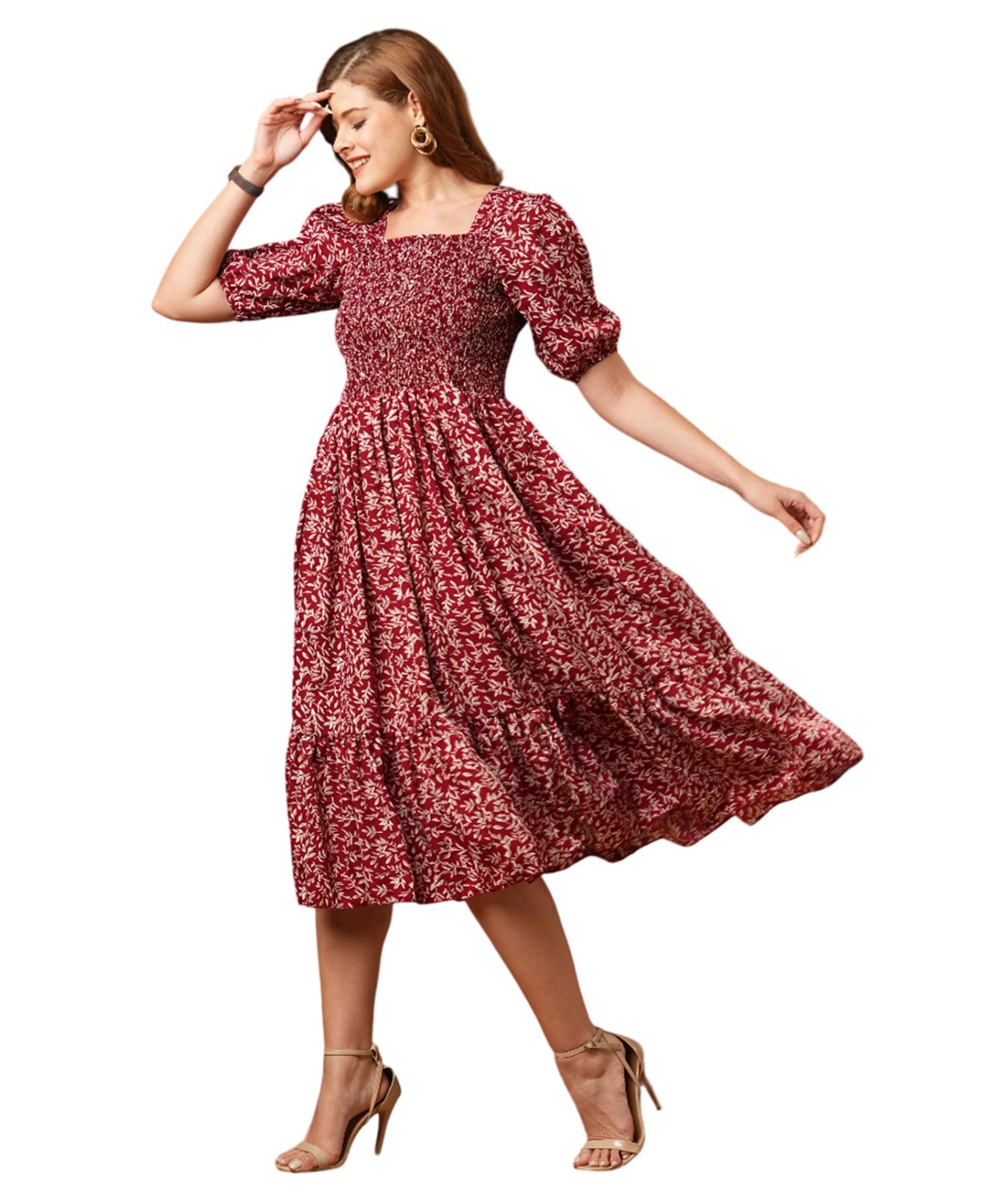 Kuduzo WomenS Crepe Maxi Dress With Half Sleeves Square Neck Line Floral Printed Pattern Maxi Length Regular Fit And Flare Maro