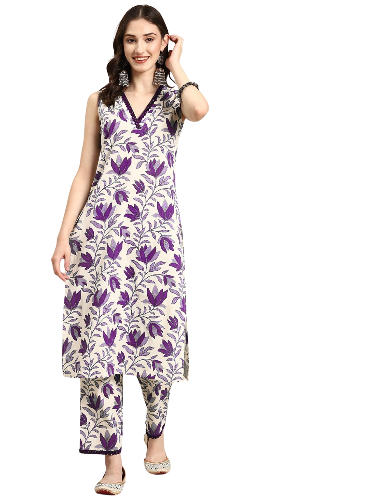 SMOWKLY V-Neck Sleeveless Kurta for Women (1430_PRL_S) Purple