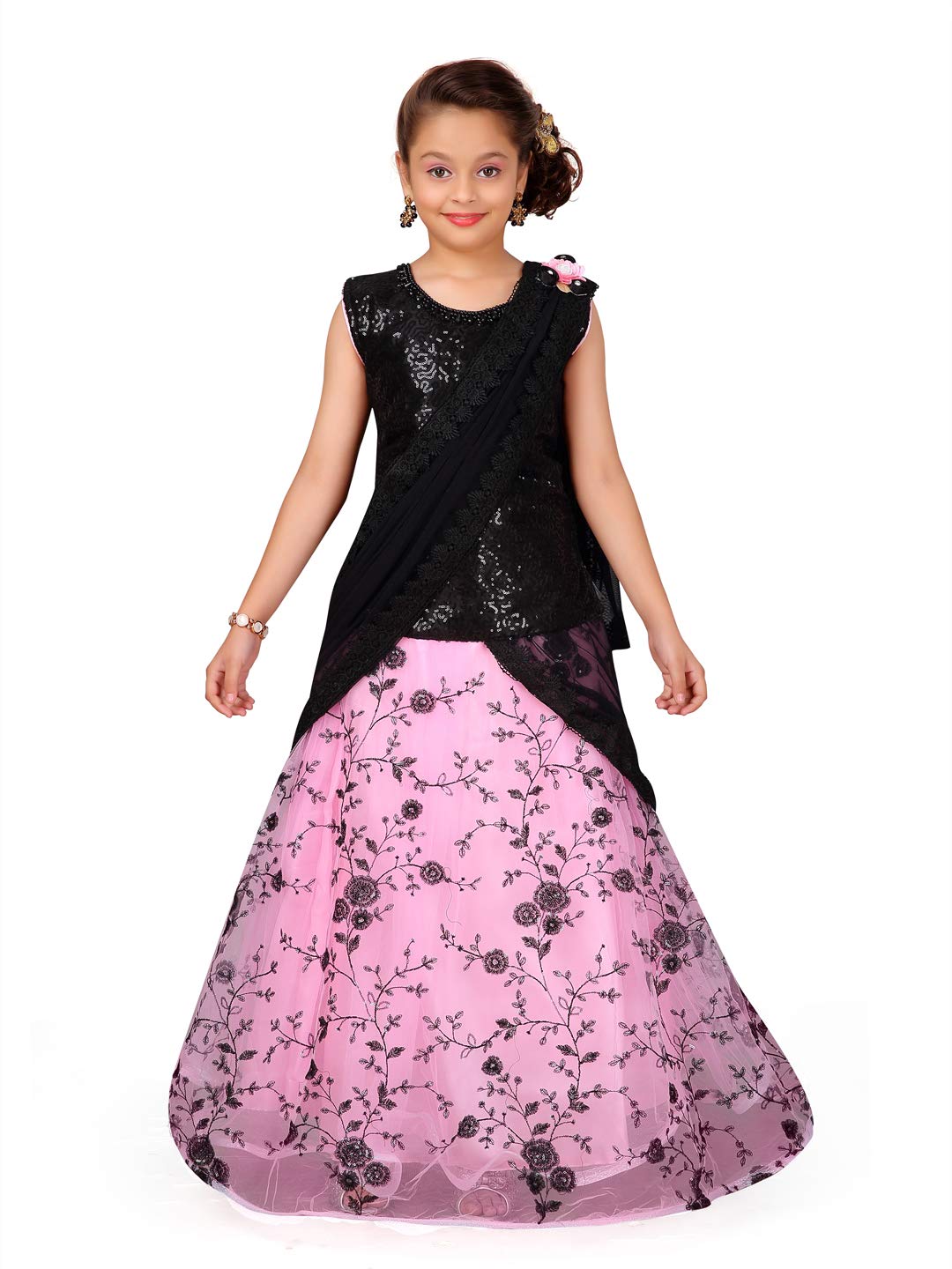 Aarika Girls Lehenga Choli Regular Fit Net Lehenga Choli Set(Lch-1030-Black-Pink-28)