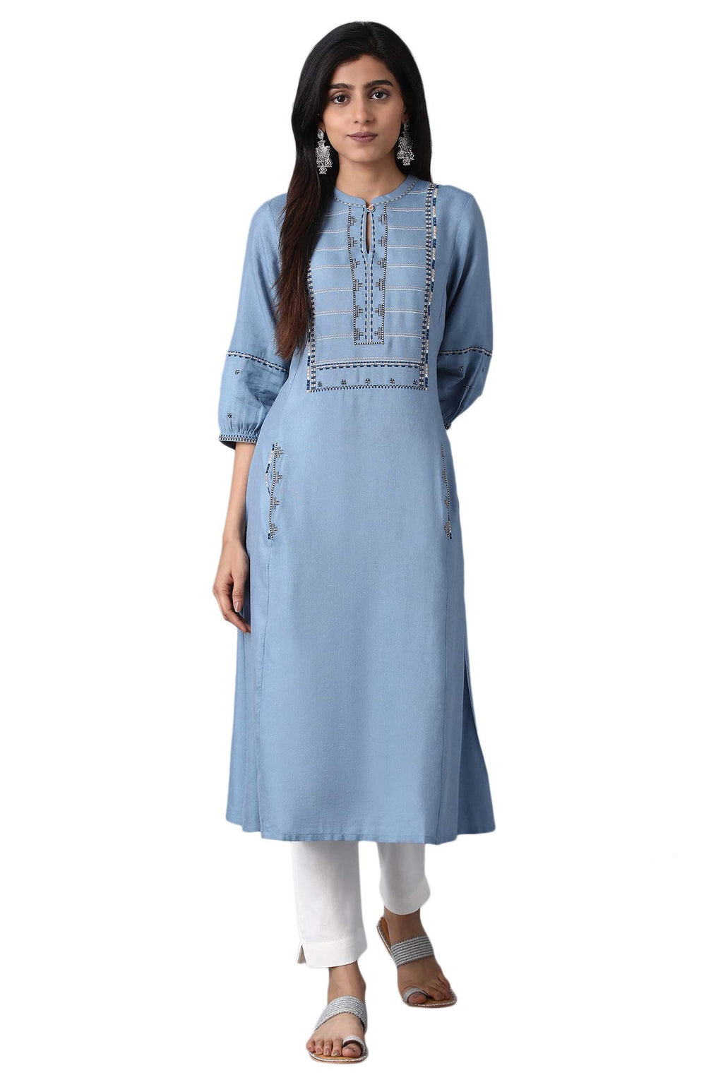 W For Woman Denim Blue A-Line Kurta_20Few13277-213184_Xs