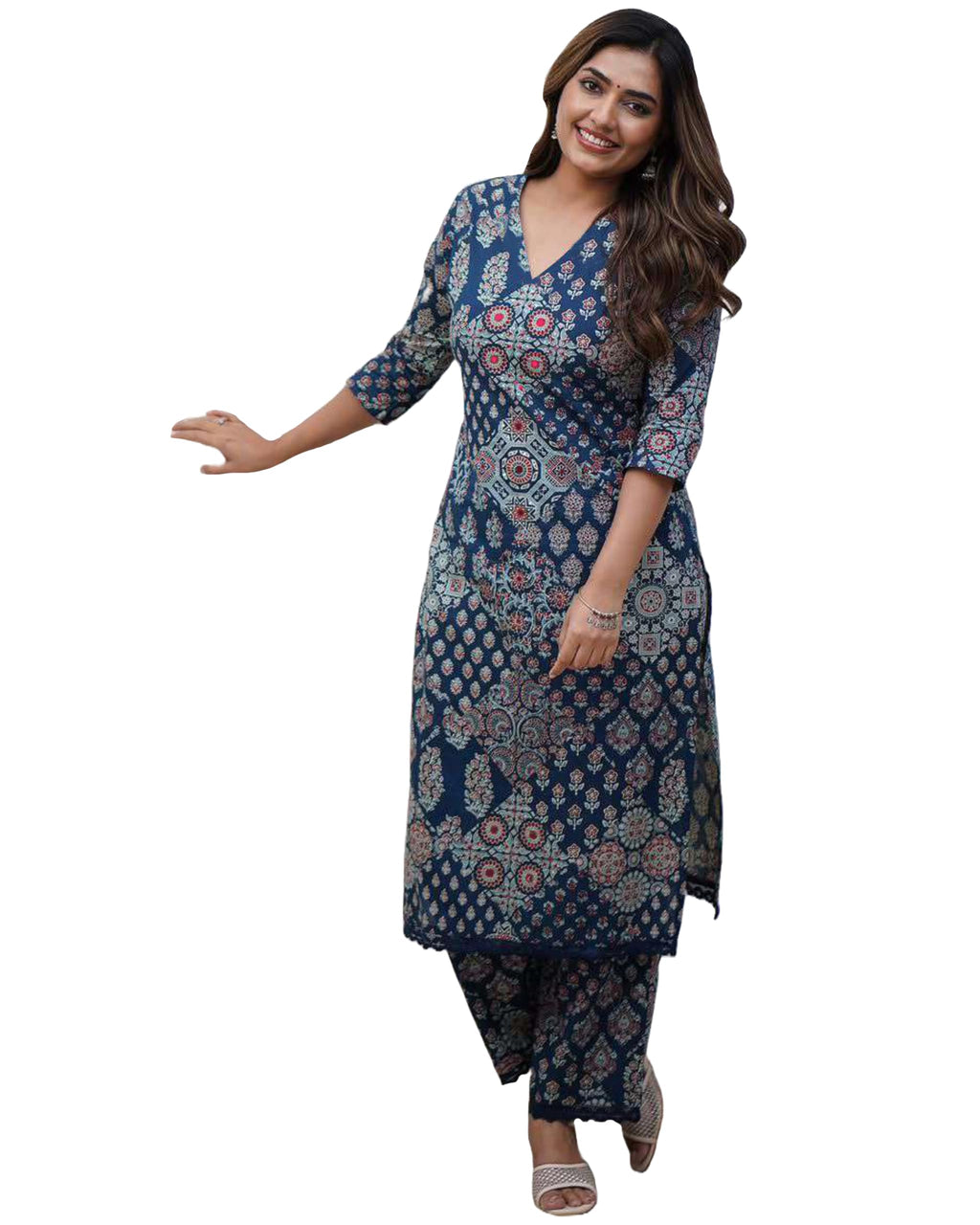 ANNI DESIGNER Womens Rayon Viscose Straight Printed Kurta with Pant (KADAI Blue_S_Blue_Small)