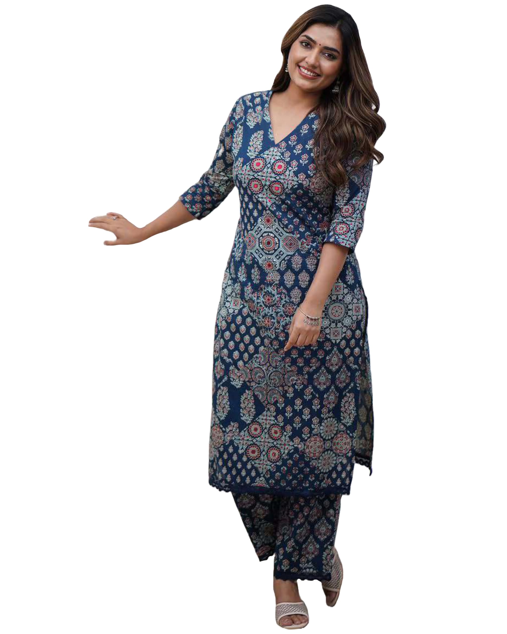 ANNI DESIGNER Womens Rayon Viscose Straight Printed Kurta with Pant (KADAI Blue_S_Blue_Small)