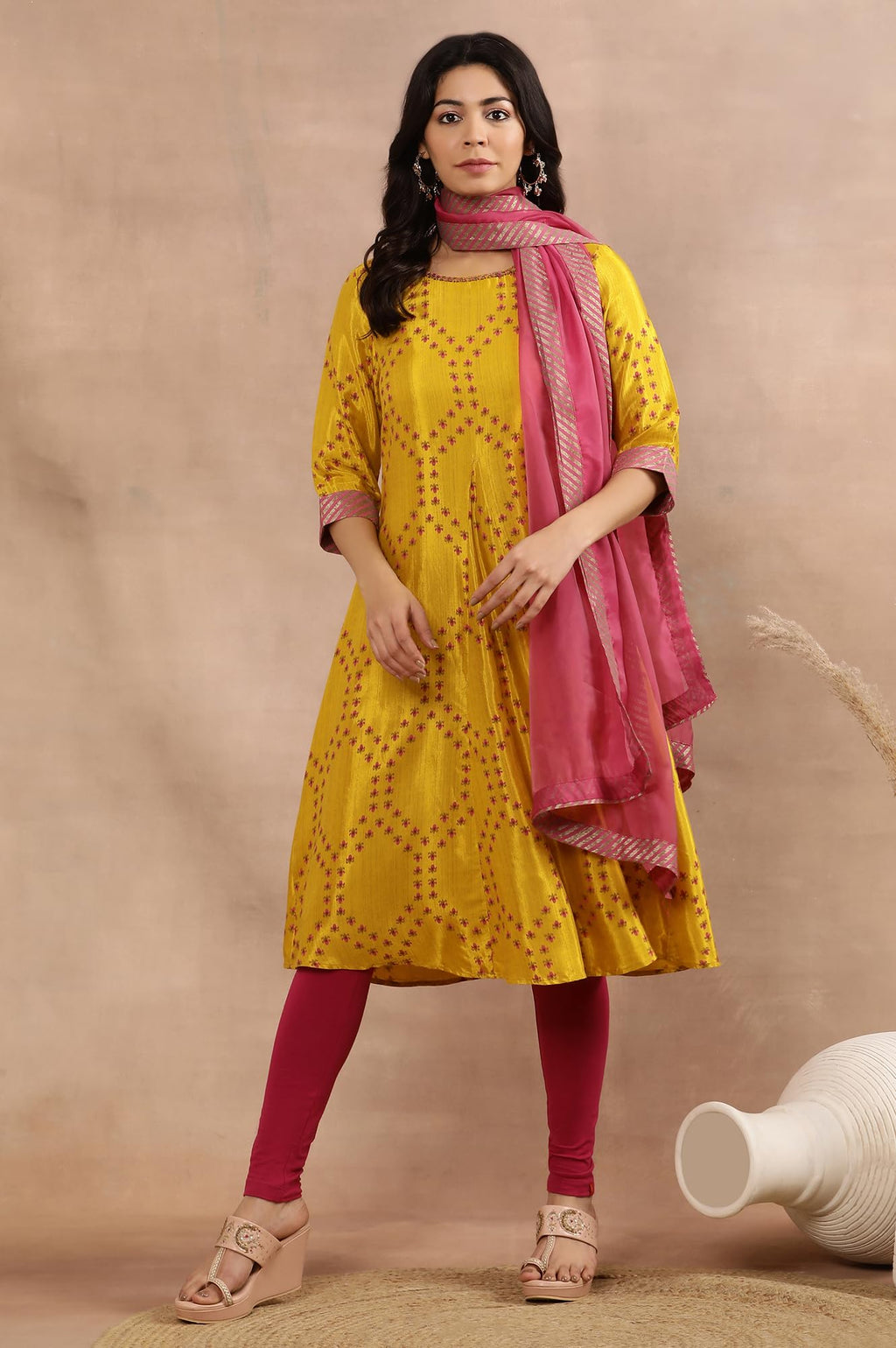 W For Woman W Women Yellow Festive Geometric Print Viscose Flared Kurta Set With Tight & Dupatta
