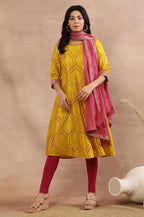 W For Woman W Women Yellow Festive Geometric Print Viscose Flared Kurta Set With Tight & Dupatta