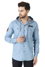 Besix MenS Grey Tailored Fit Cotton Blend Shirt For Man With Hoodie - Casual Long Sleeve Shirt With Pockets - Patch Detail For 