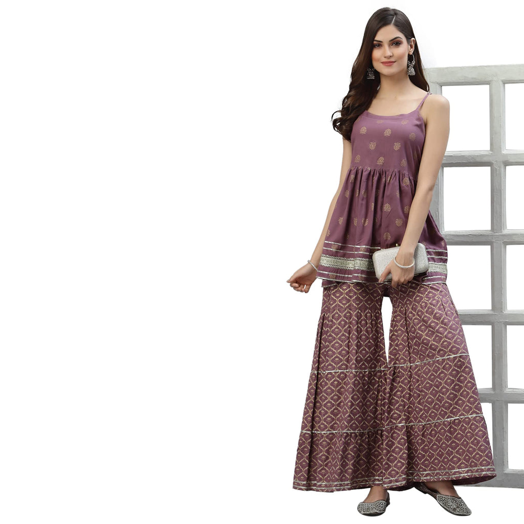 Stylum Women'S Gold Printed Rayon Short Kurti And Sharara Set (Vougemauve44_Mauve, Xxl)