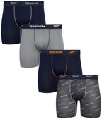 Reebok Men's Active Underwear - Sport Soft Performance Boxer Briefs (4 Pack), Size Medium, Navy/Grey/Print