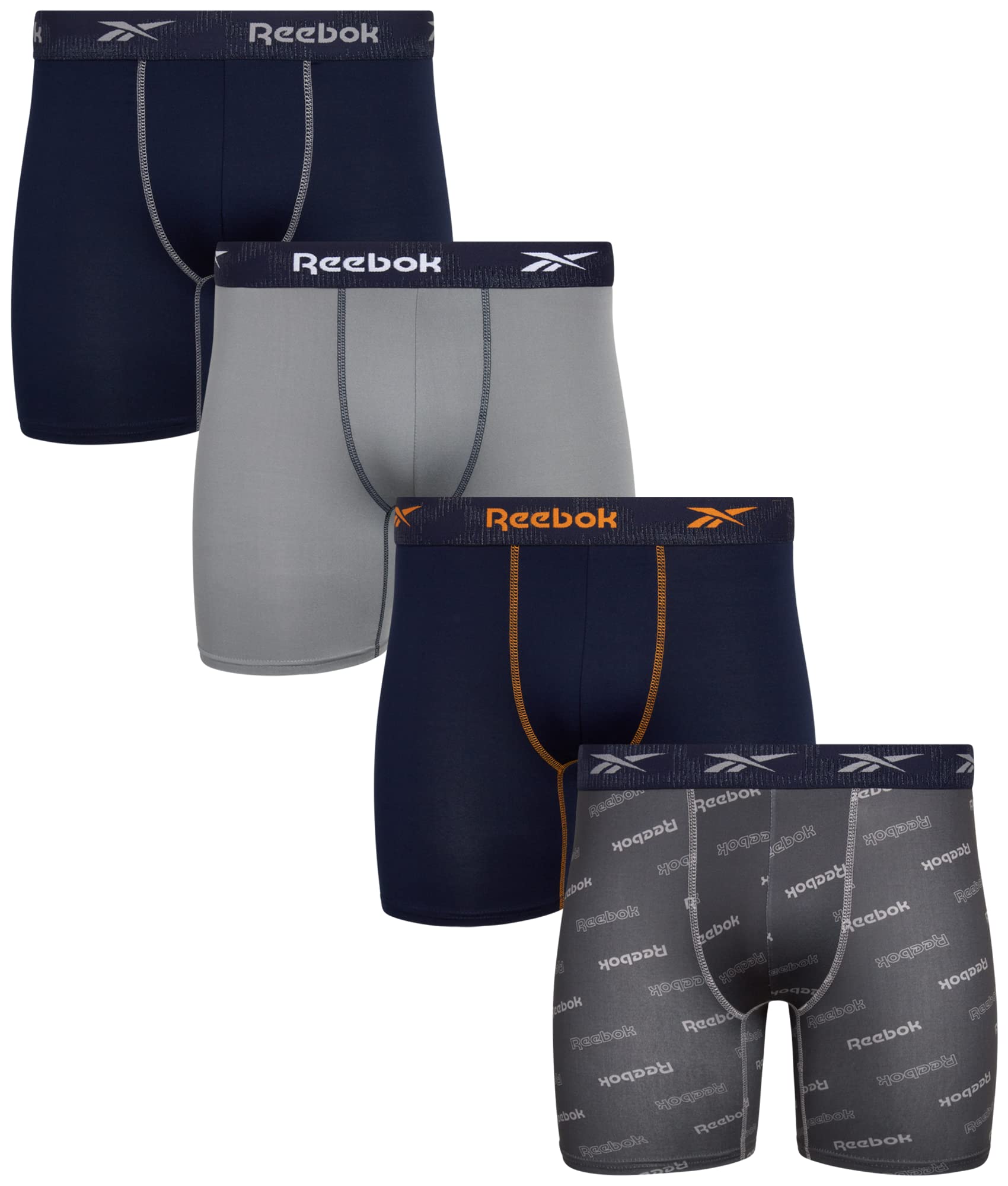 Reebok Men's Active Underwear - Sport Soft Performance Boxer Briefs (4 Pack), Size Small, Navy/Grey/Print