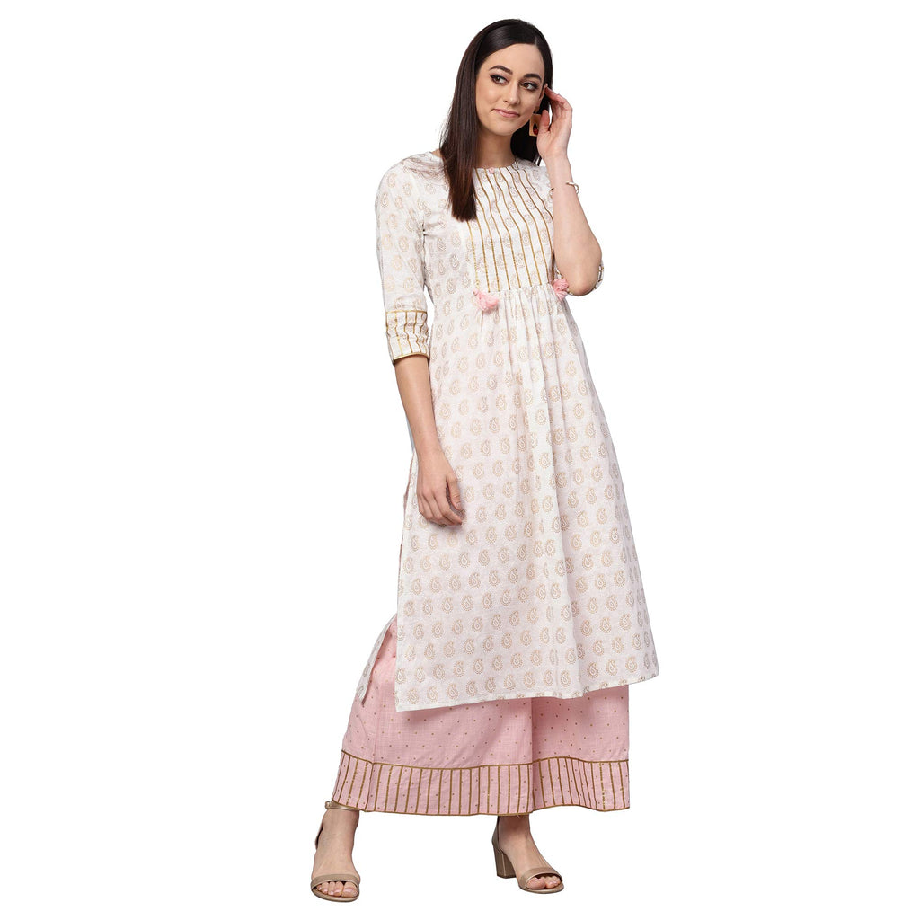 Idalia White Gold Print Kurta With Baby Pink Printed Palazzo
