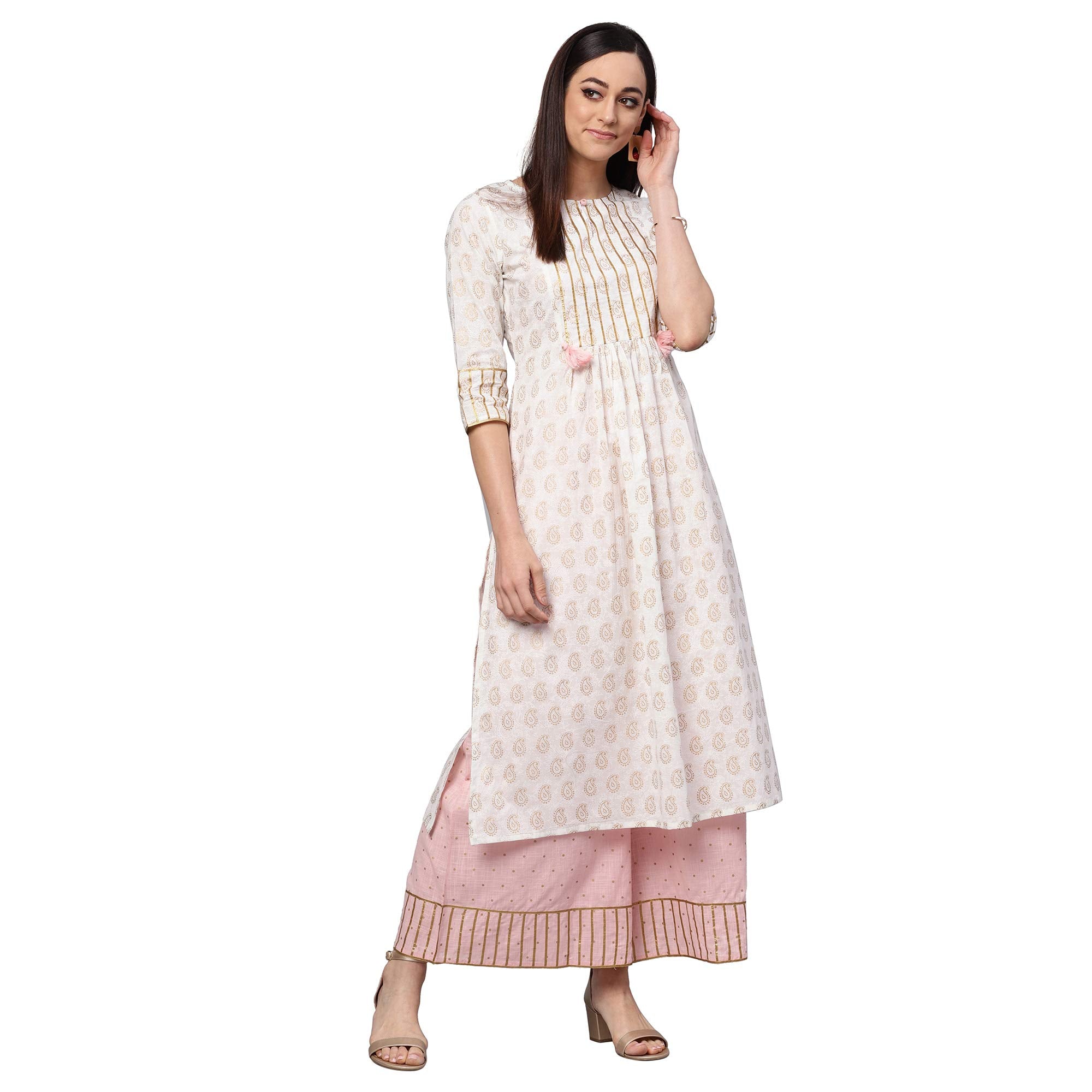 Idalia White Gold Print Kurta With Baby Pink Printed Palazzo
