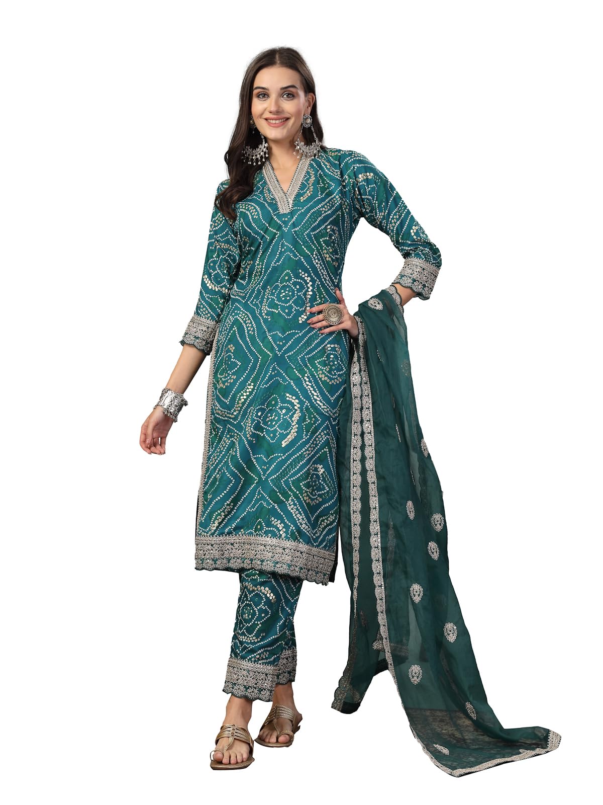 Stylum Womens Bandhani Print & Embroidered Muslin Straight Kurta Pant Dupatta Set (KPDGREENBANNO44_Green, XXL)