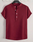Trillmixa MenS Polyester Shirt With Mandarin Collar Neck Line Half Sleeves Solid Pattern Relaxed Fit And Standard Length Maroon