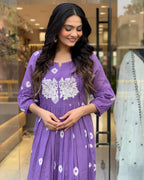 ANNI DESIGNER Women s Anarkali Printed Rayon Blend Kurta with Pants, purple, S