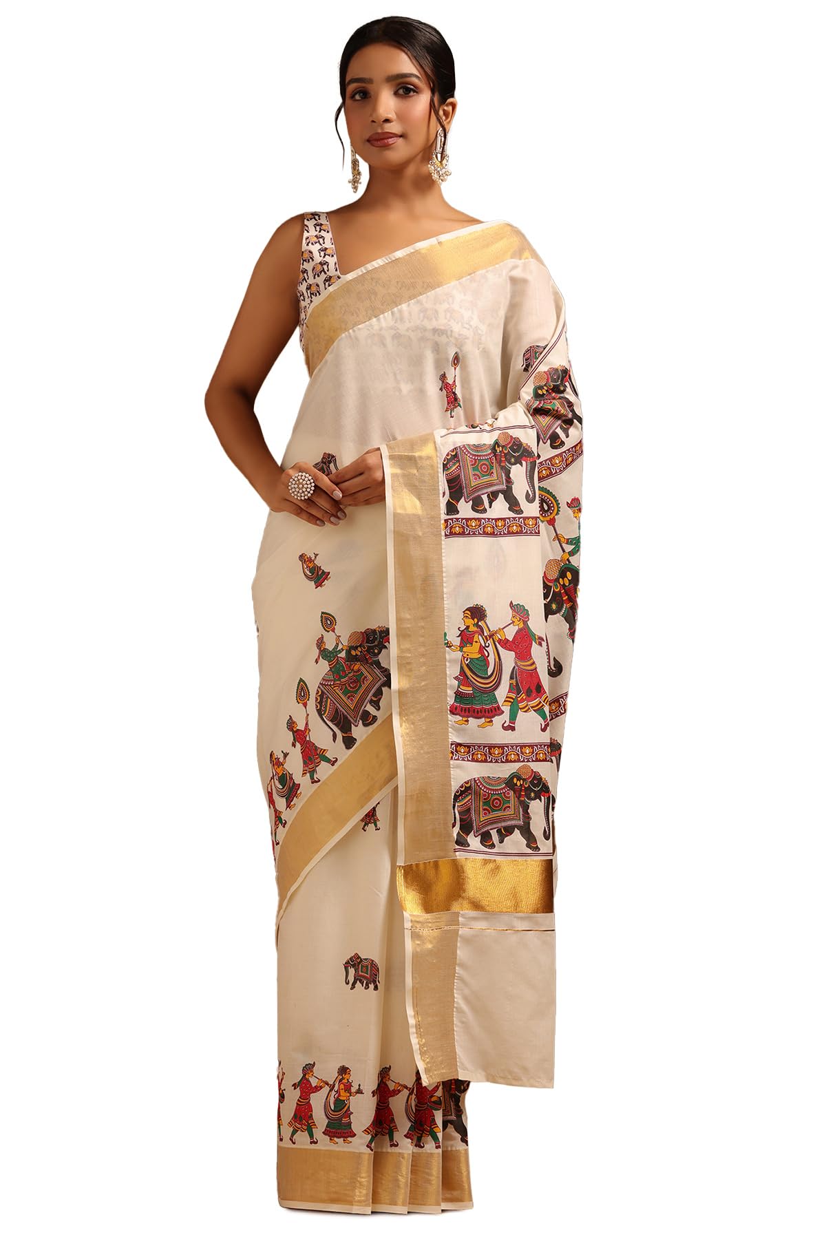 Soch Women Cotton Ethnic Motifs Printed Kasavu Saree