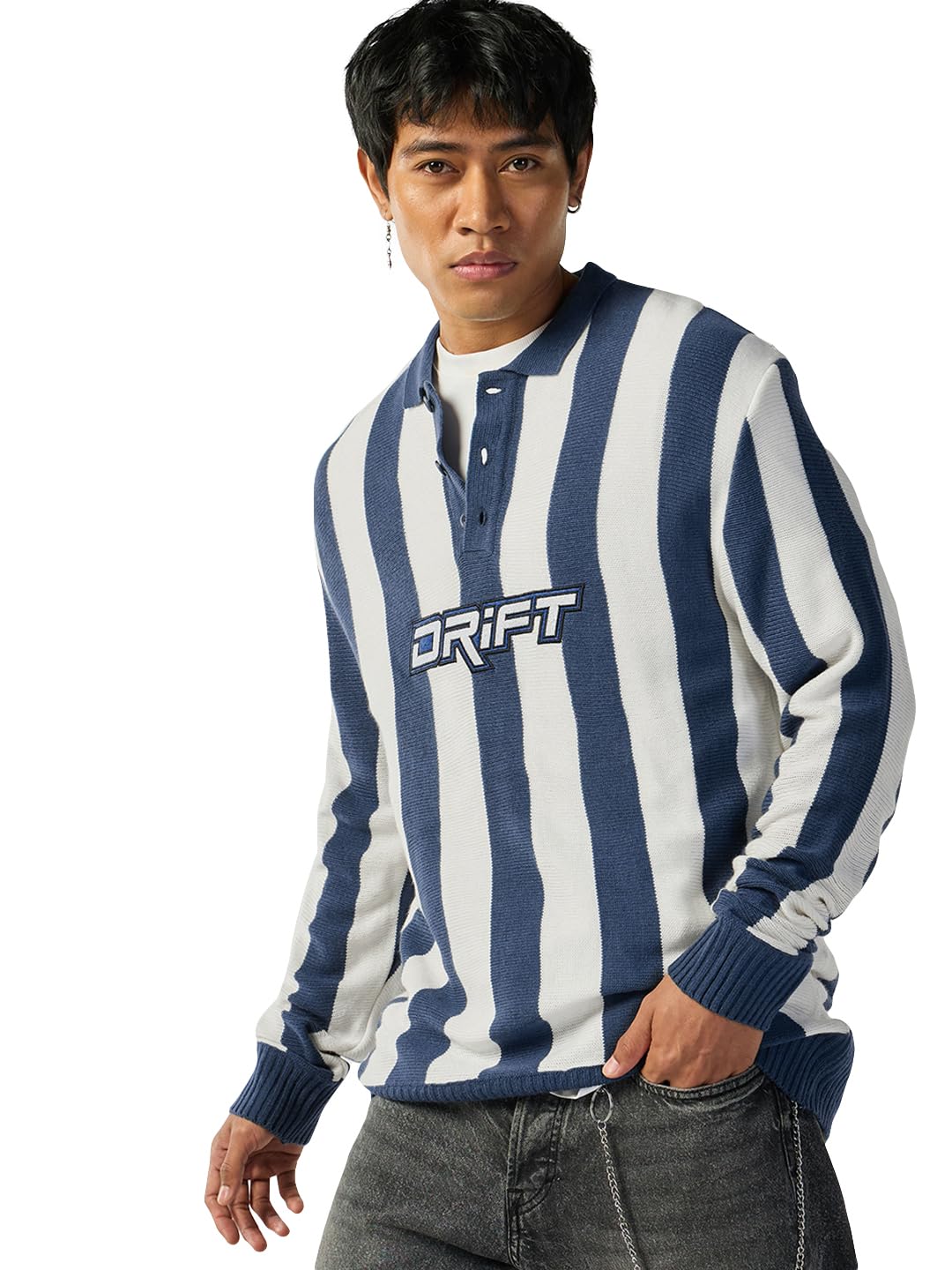 Bewakoof Men Striped Oversized Fit Full Sleeve Polo 100% Acrylic Sweater_644662_White_XL