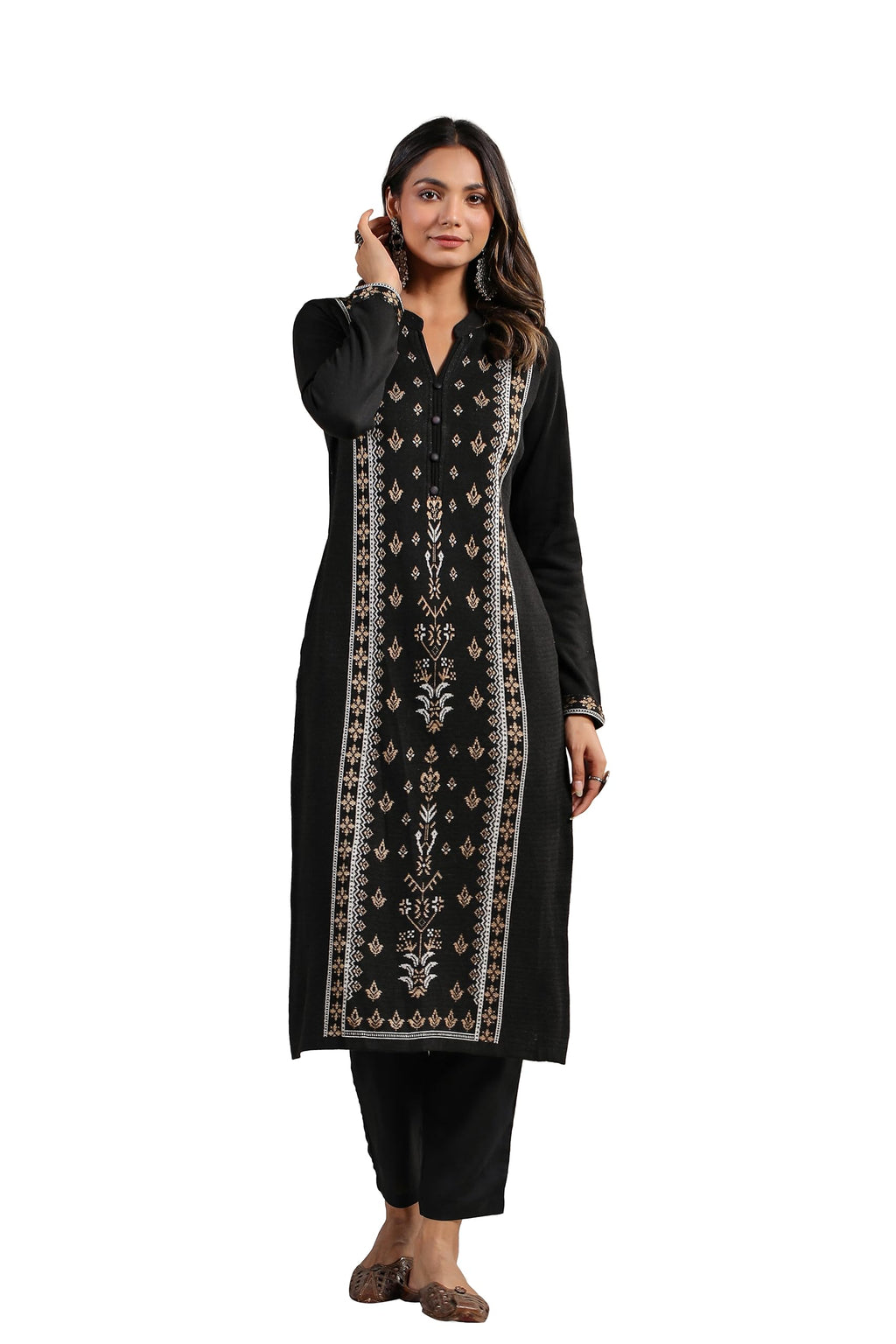 ishin Womens Black Jacquard Style Ethnic Motifs Straight Winterwear Kurta