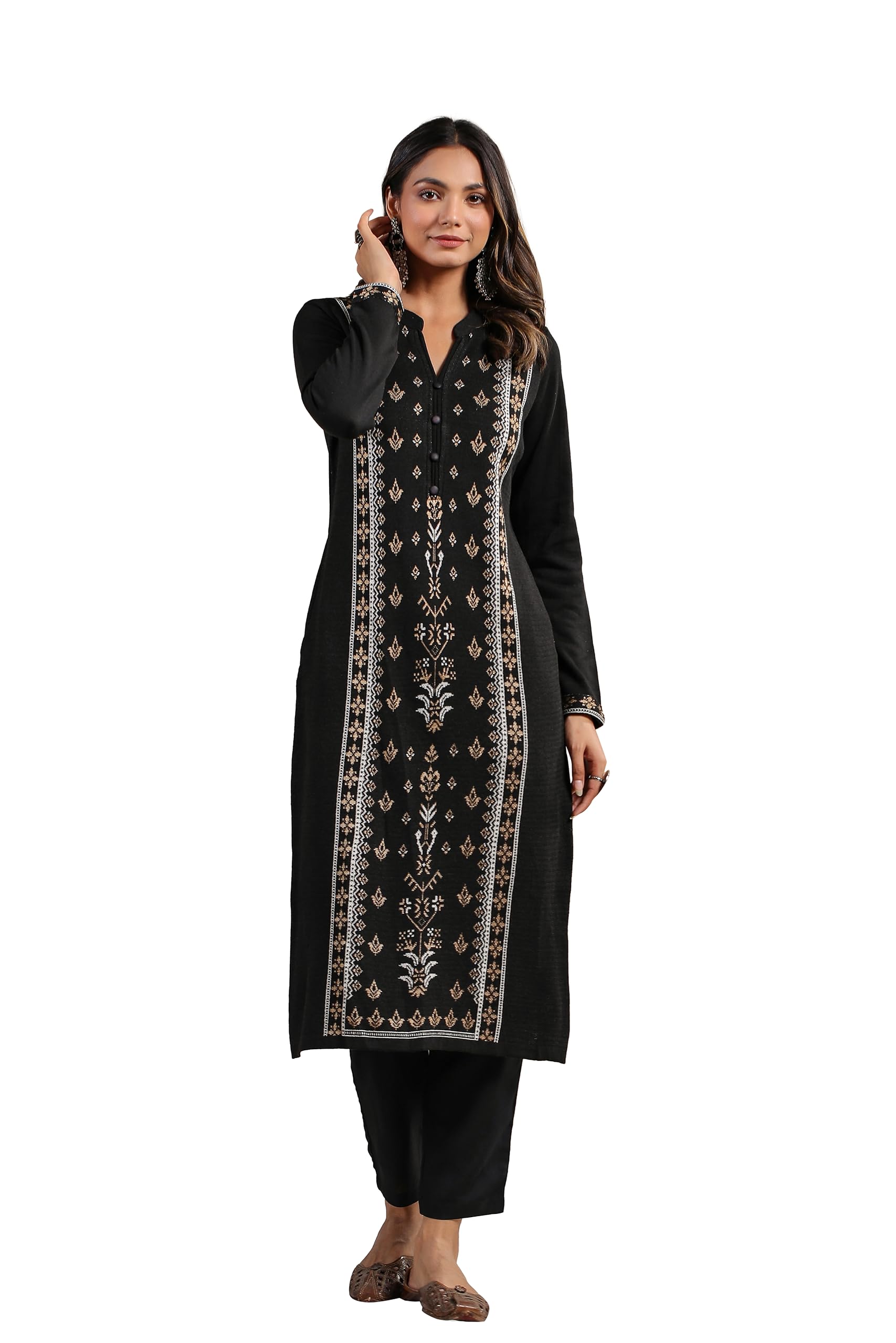 ishin Womens Black Jacquard Style Ethnic Motifs Straight Winterwear Kurta