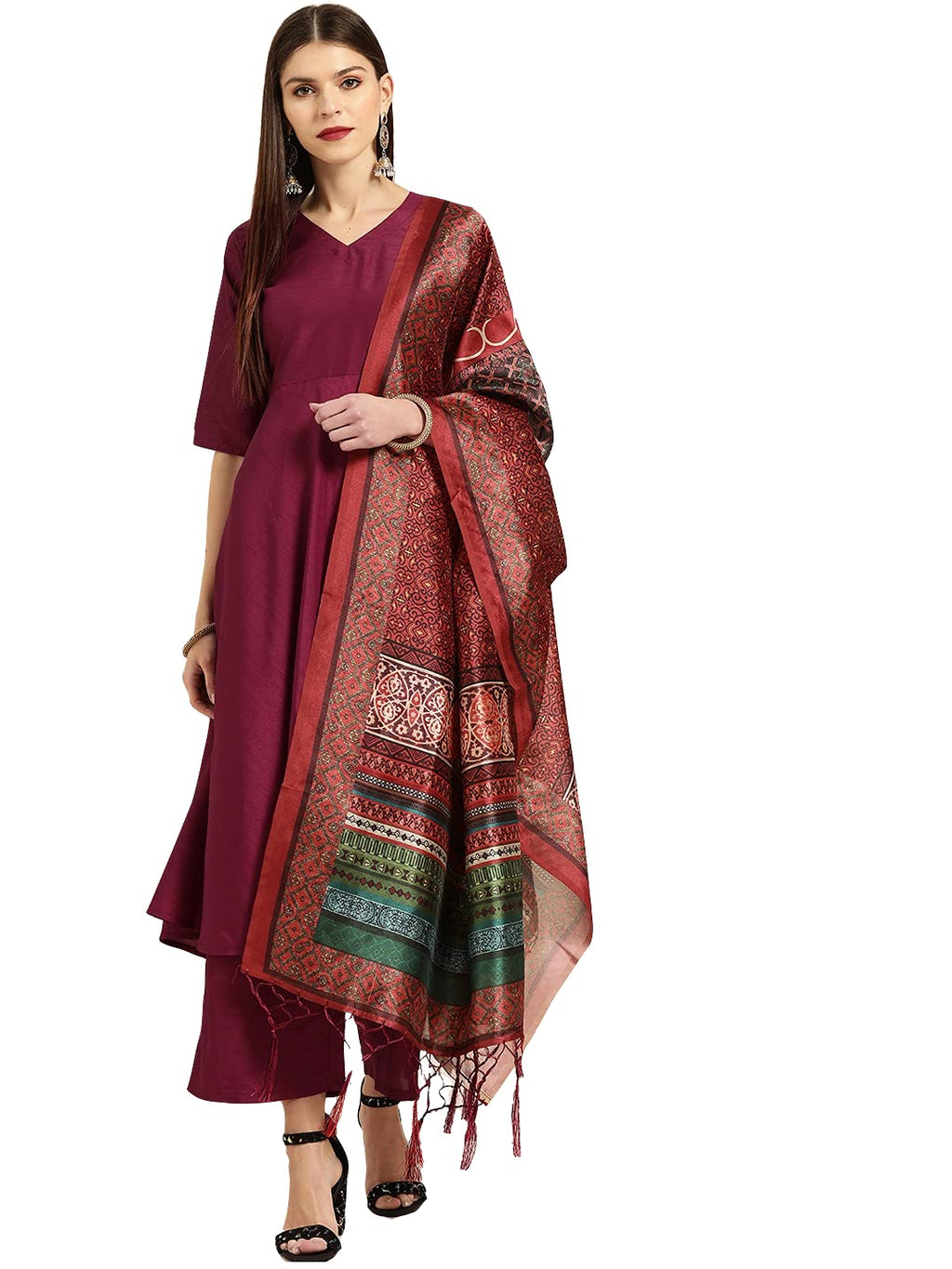 ANNI DESIGNER Women 's Cotton Kurta with Palazzo, Burgundy, Medium