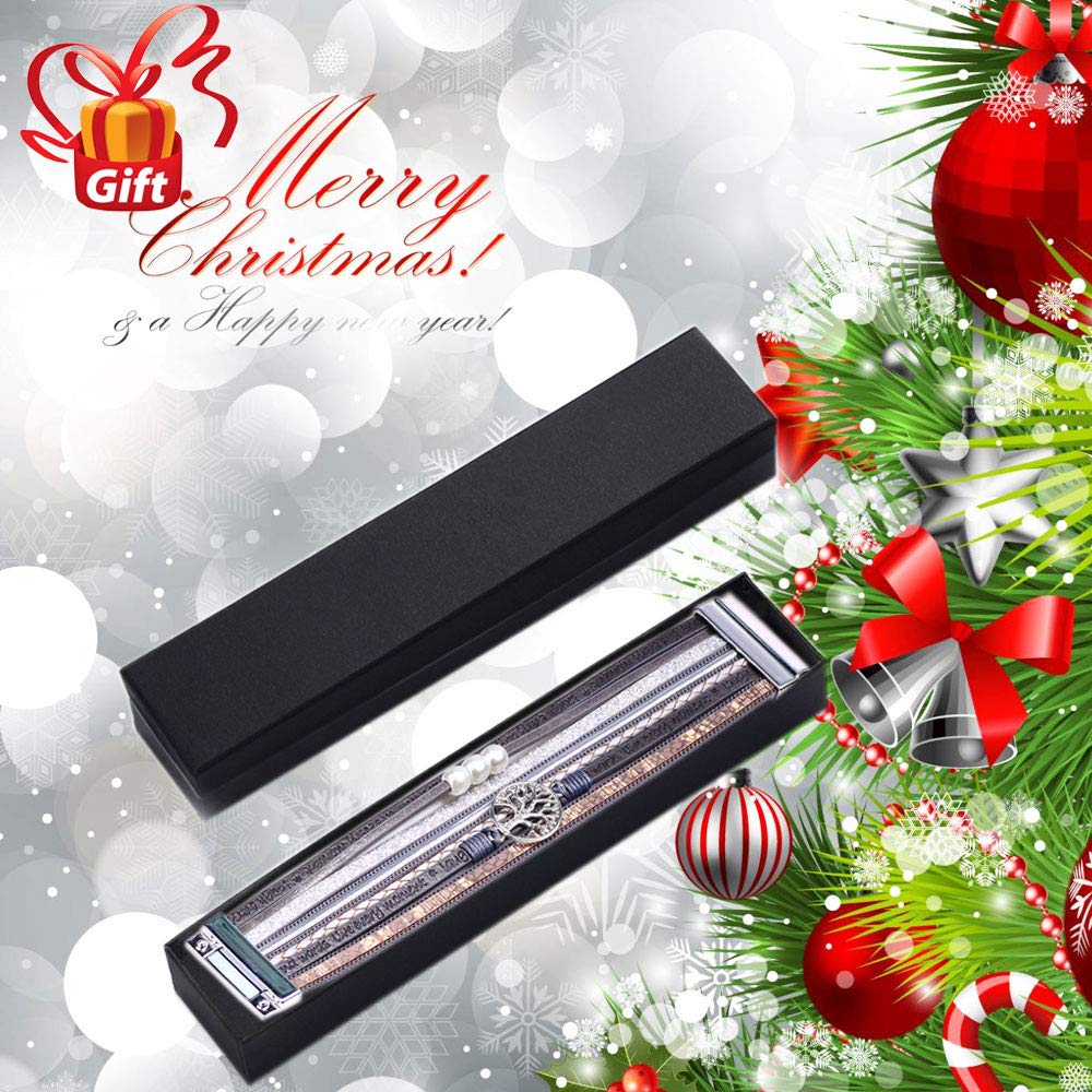 Mom Gifts, Grey Wrap Boho Leather Stacking Multilayer Wide Layered Buckle Family Tree of Life Mom Bracelets, Birthday Christmas