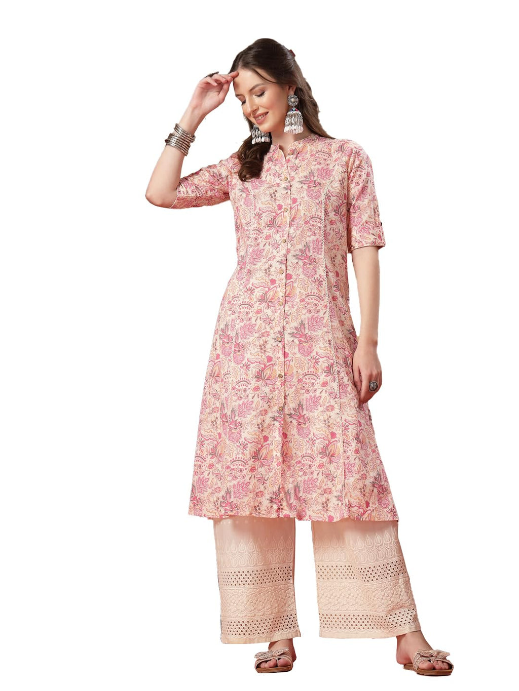 Stylum Womens Pink Floral Printed Rayon A-Line Kurta