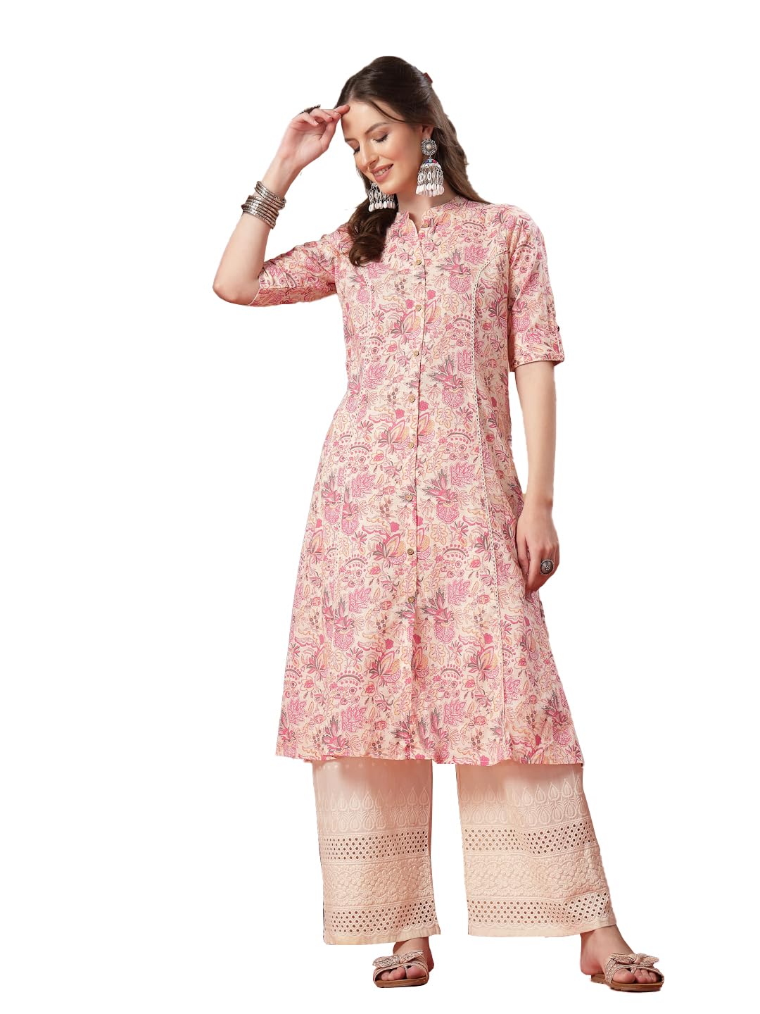 Stylum Womens Pink Floral Printed Rayon A-Line Kurta