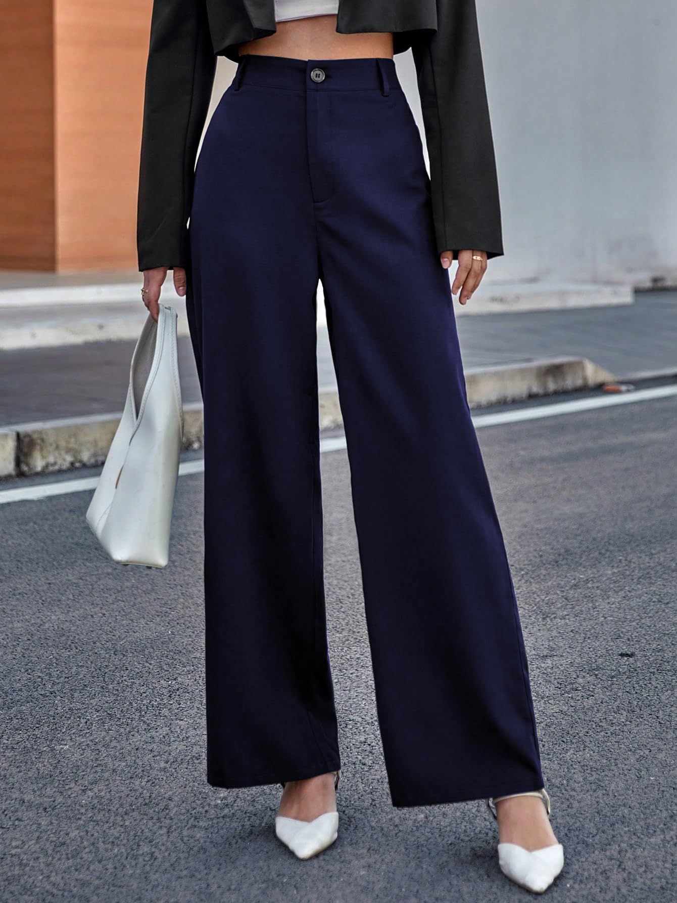 Toochki Straight Pants Trousers for Women with High Waist, Formal Spandex Pant for Women Office Wear Navy Blue