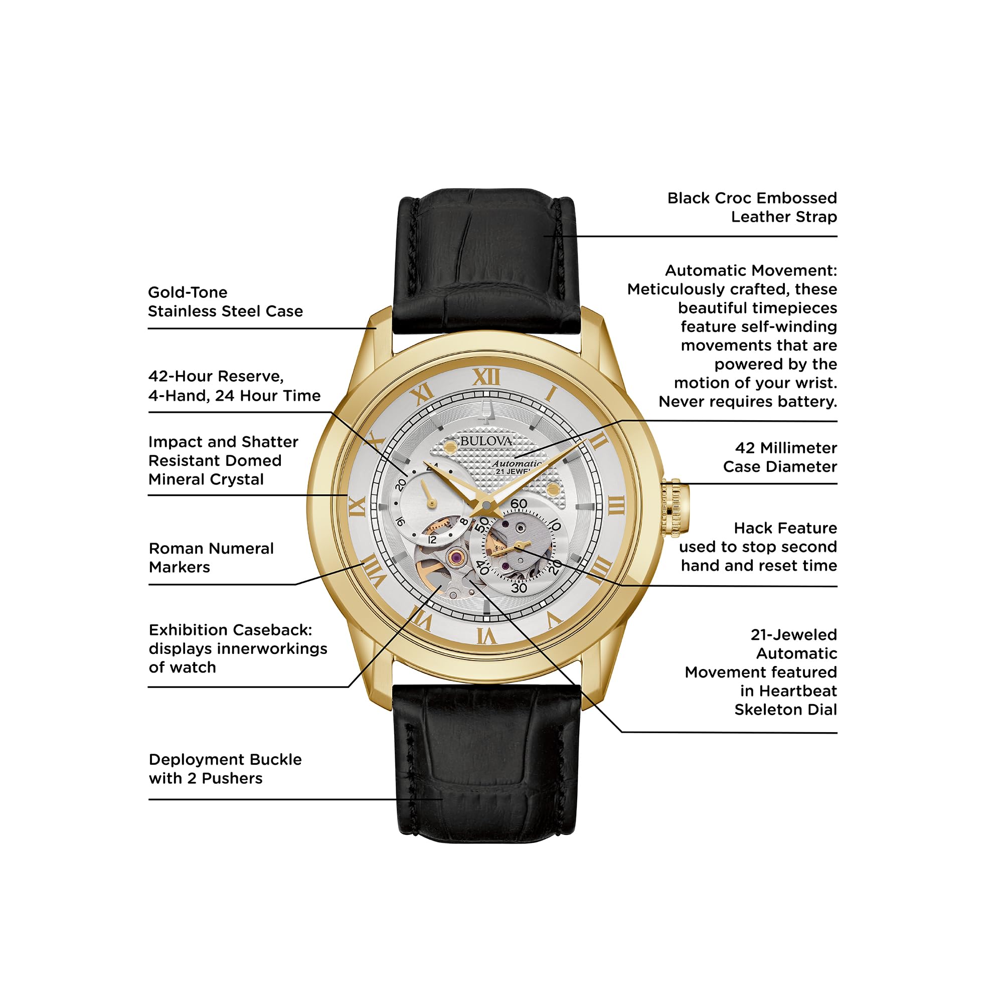 Bulova Men's Classic Sutton 4-Hand Automatic Watch with Gold Stainless Steel, Black Leather Strap,Open Aperture,Exhibition Caseb