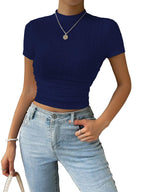 Sugathari Girls & Womens Navy Blue Casual Semitransparent Cropped High-Neck Lace Trim Ladies T-Shirt, Short Sleeve Schiffli Cr