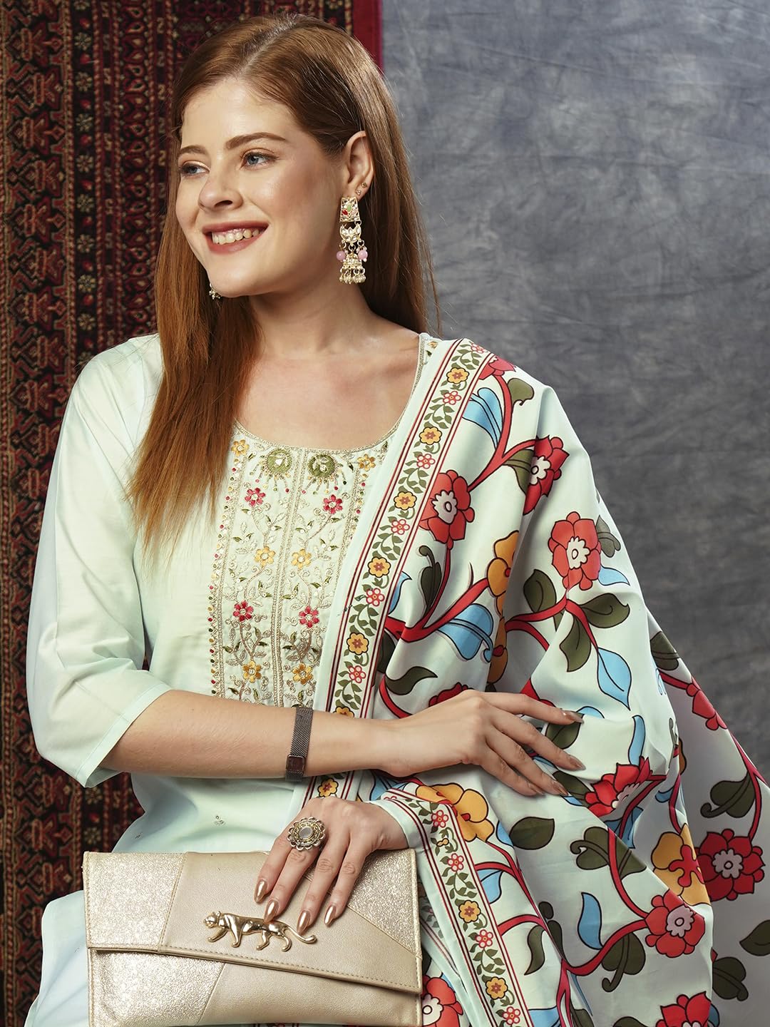 ANNI DESIGNER Ladies Cotton Blend Kurta with Trousers and Dupatta, grey, M