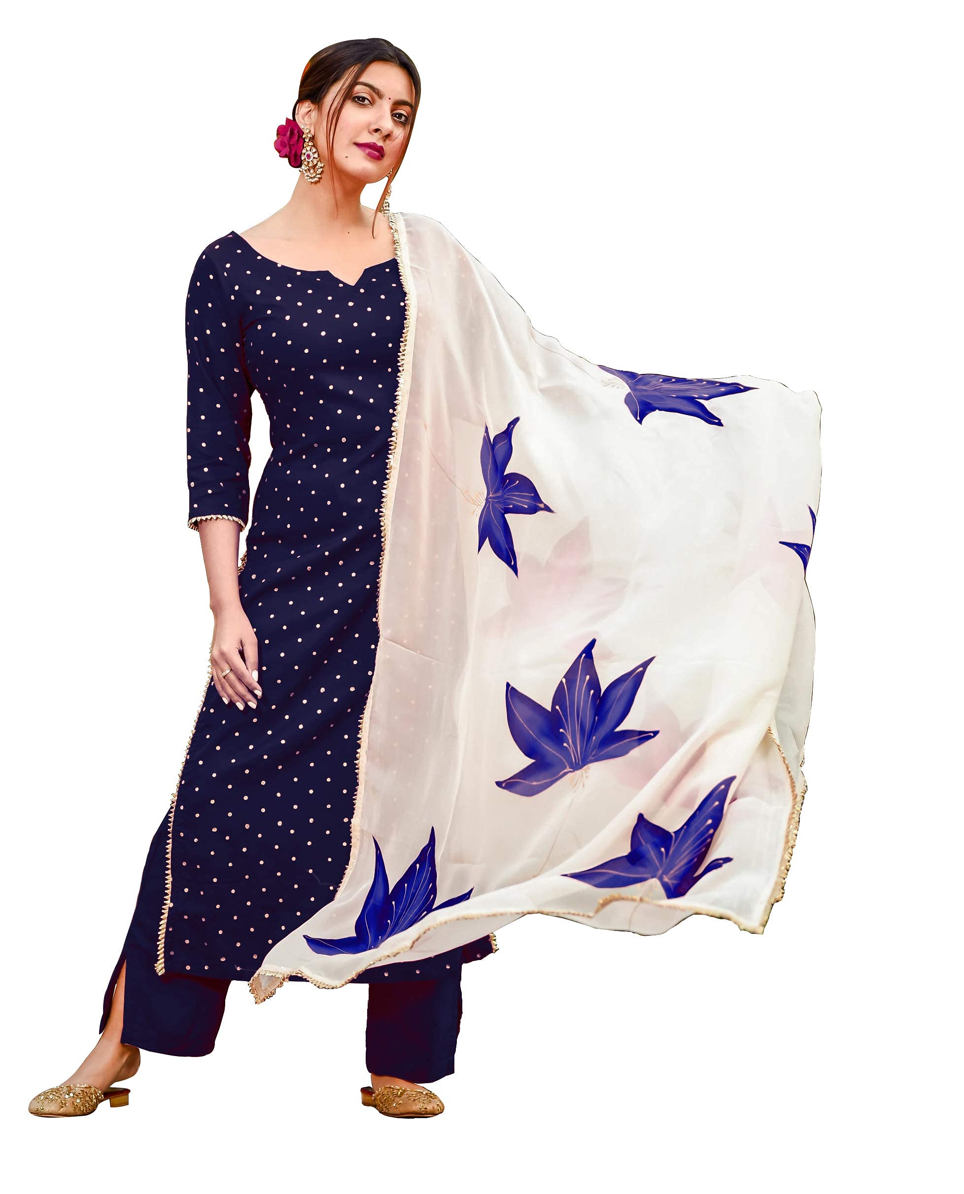 Anni Designer WomenS Cotton Blend Handpainted Printed Kurta With Palazzo & Dupatta (Rayon Blue-Jan02_Xl_Blue_X-Large)
