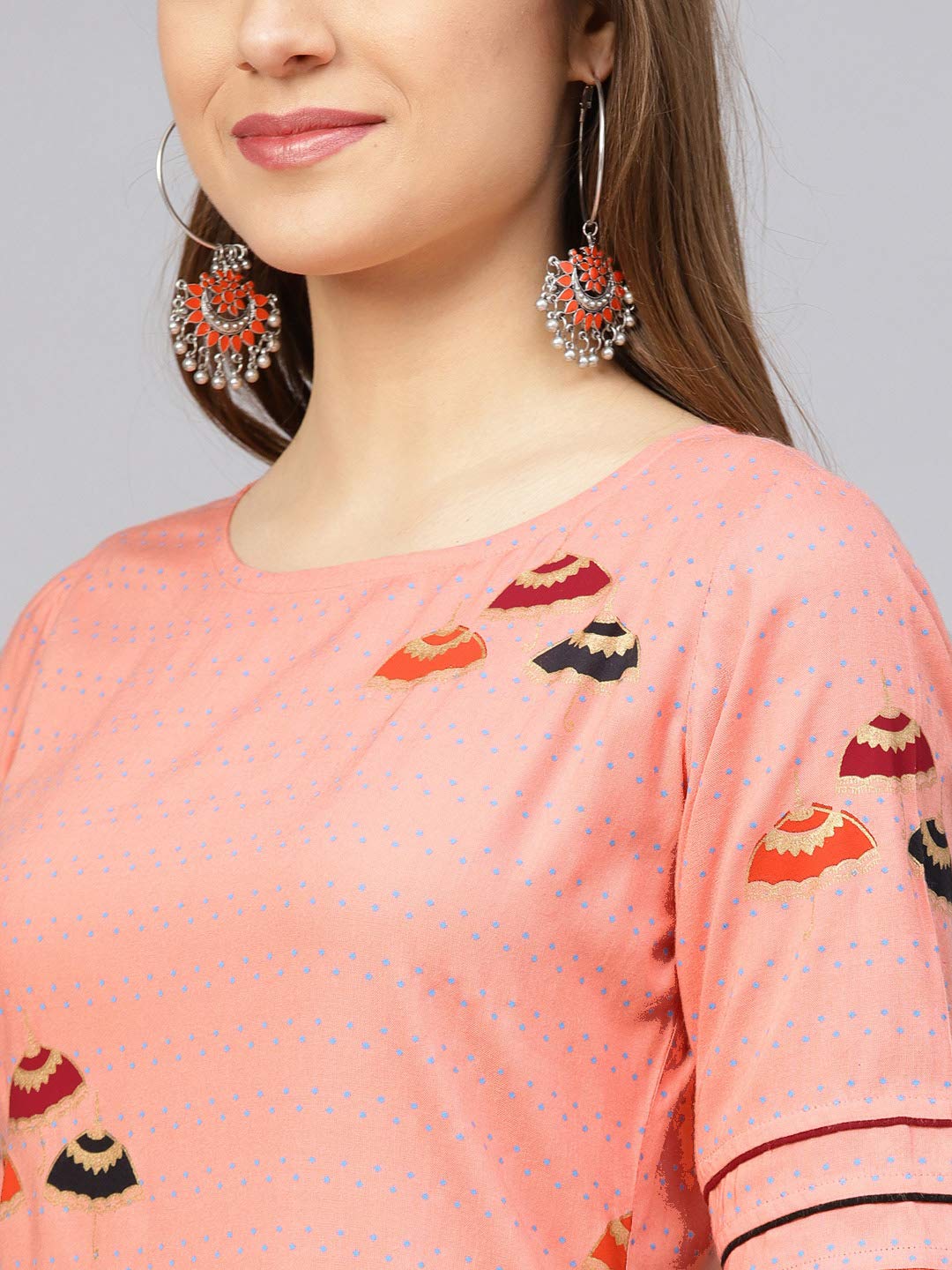 Idalia Women'S Peach Umbrella Print Rayon Kurta With Pants