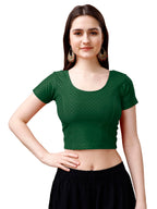 Pujia Mills WomenS Readymade Dobby Cotton Lycra Stretchable Round Neck Short Sleeve Blouse Fancy Green Color Lycra Stretchable 