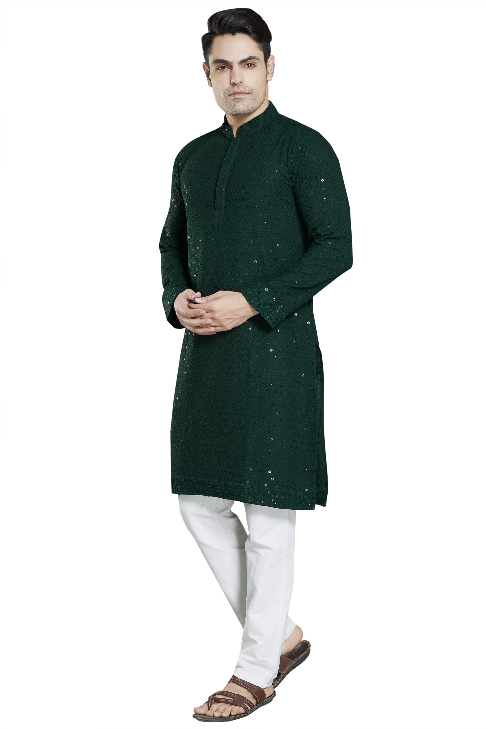 DIVISIVE Mens Sequince Embroidered Cotton Blend Only Slim Fit Kurta (DKRT18_XXXL_Bottle Green)
