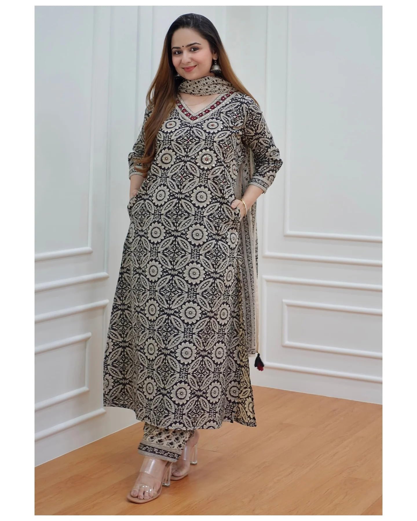 ANNI DESIGNER Ladies Cotton Blend Dupatta Kurta Trousers Pack of 2, multi-coloured, M