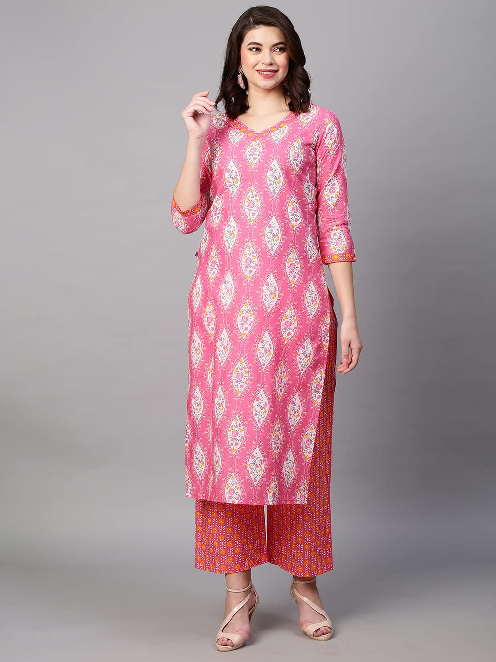 ANNI DESIGNER Womens Cotton Blend Traditional Straight Printed Kurta and Pant Set (Natak Pink_M_Pink_Medium)