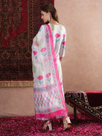 ANNI DESIGNER Women s Rayon Blend Printed Straight Kurta with Pants and Dupatta, white, 36