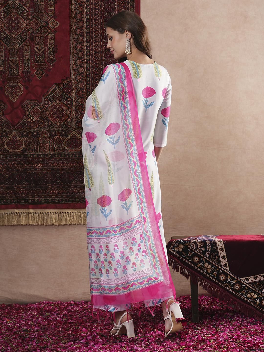 ANNI DESIGNER Women s Rayon Blend Printed Straight Kurta with Pants and Dupatta, white, 36