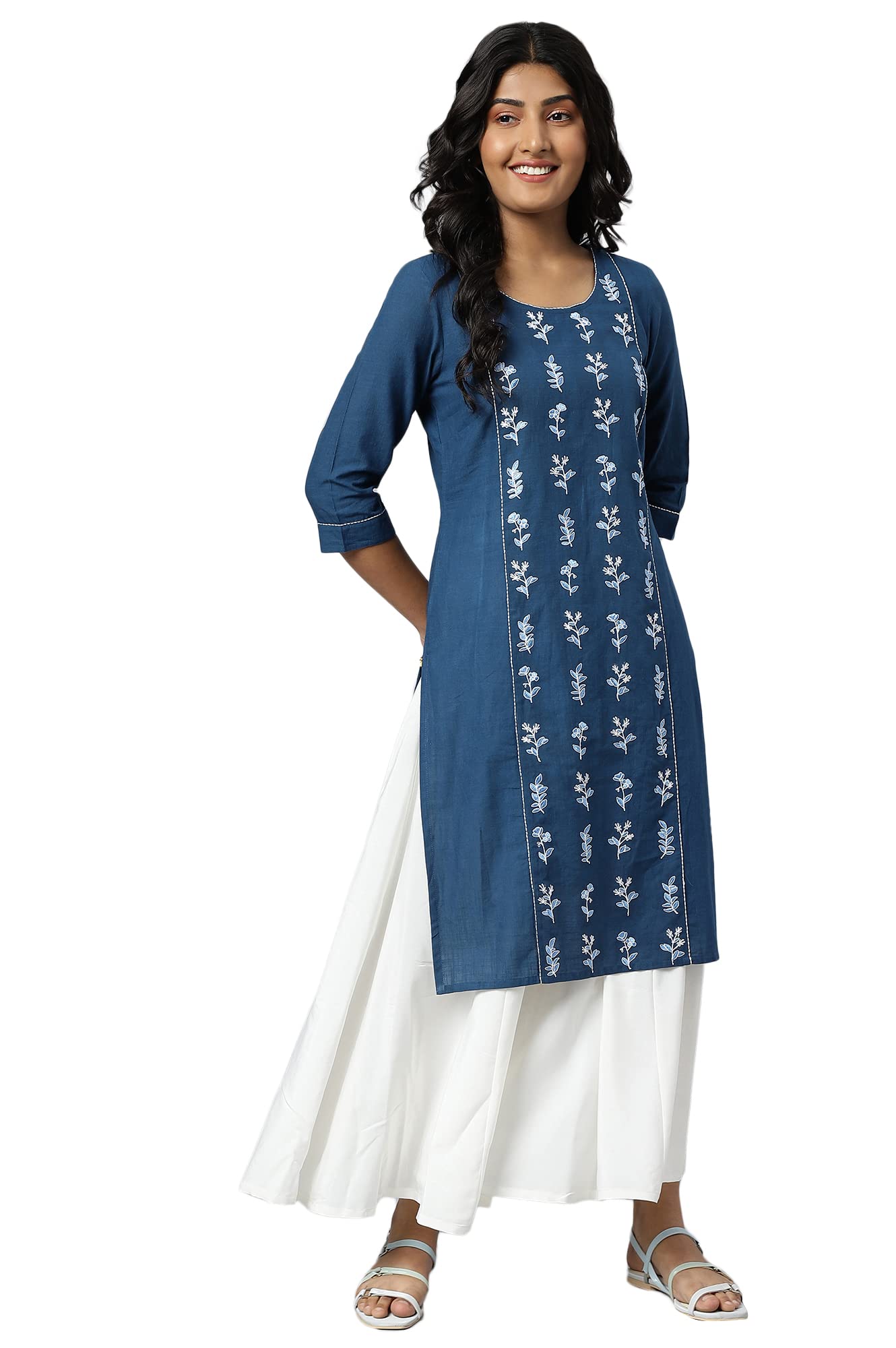 Aurelia Blue Embroidered Cotton Regular Kurta for Women