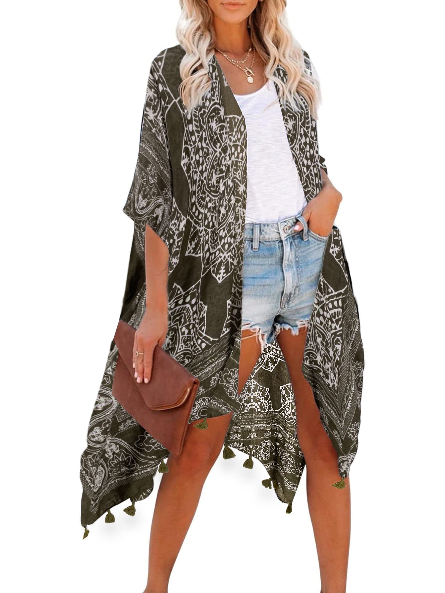 Breezy Lane Kimonos for Women Beach coverup Summer cardigan with green Boho Print Tassel