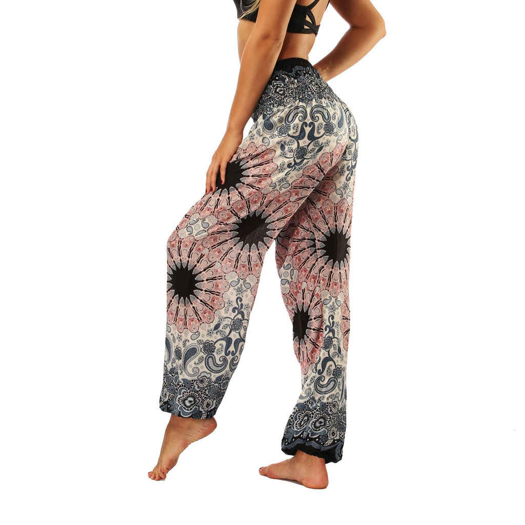 Lu's Chic Women's Boho Pants Harem Smocked Waist Yoga Hippie Palazzo Summer Beach Pants Pattern10 One Size