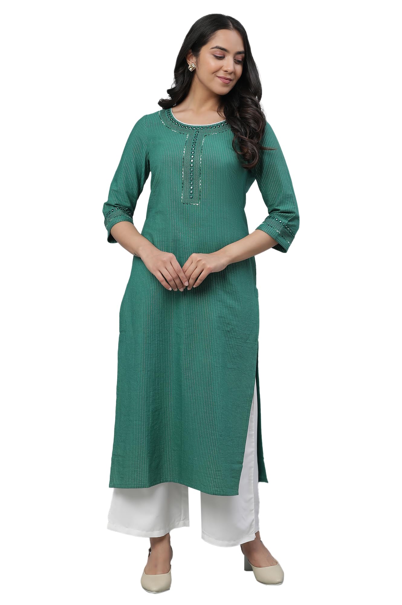 Aurelia Green Thread Embroidered Cotton Striped Regular Kurta For Women