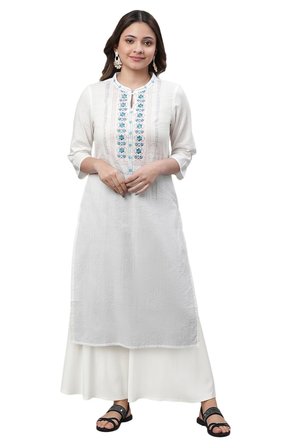 Aurelia Womens White Solid Thread Work Cotton Blend Straight Kurta and Palazzo Set (ONVAS14491-606465-M)