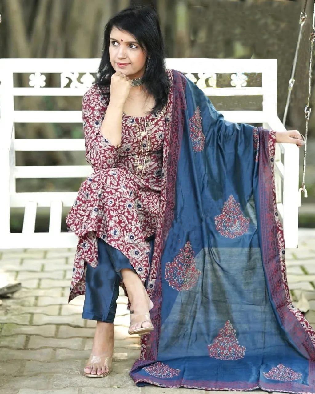 ANNI DESIGNER Women s Printed Rayon Blend Kurta with Pants and Dupatta, Red, XL