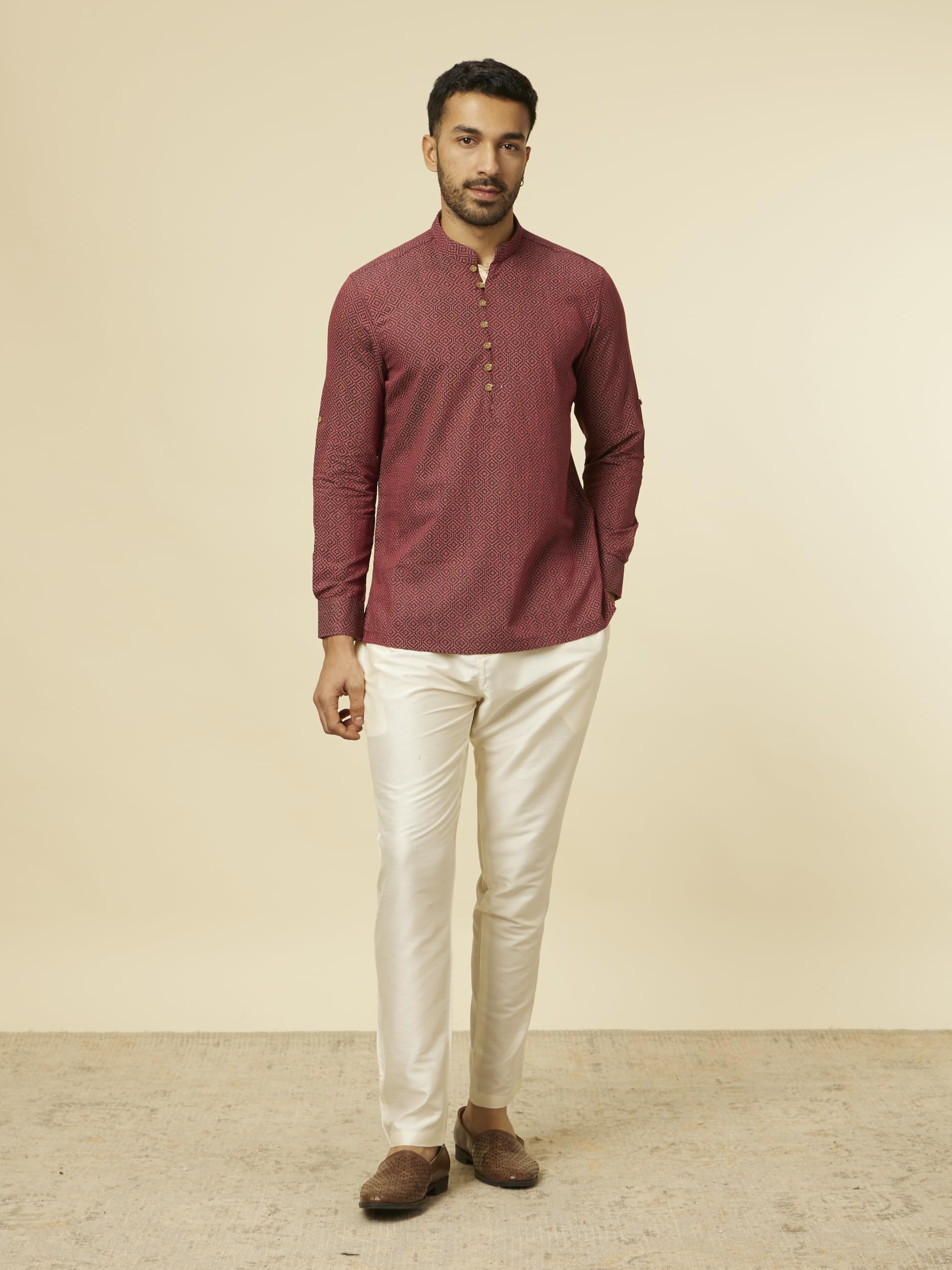 Manyavar MenS Short Kurta, Mandarin Collar Full Sleeves Ethnic Waist Length Kurta, Blended Viscose Printed Kurta For Festival,