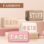 Cunno 4 Pcs Preppy Makeup Bag Chenille Letter Nylon Cosmetic Bag Makeup Bag Toiletry Cosmetic Case Preppy Bag with Zipper Stuff