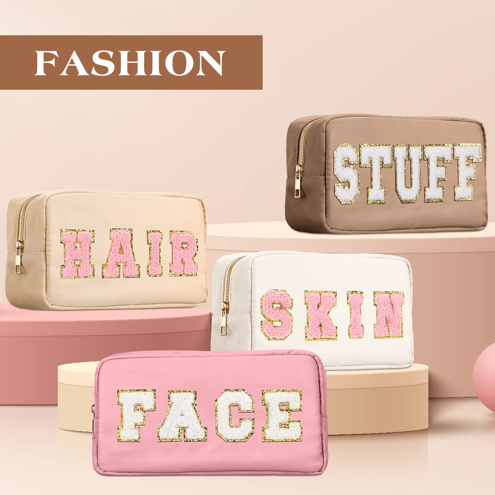 Cunno 4 Pcs Preppy Makeup Bag Chenille Letter Nylon Cosmetic Bag Makeup Bag Toiletry Cosmetic Case Preppy Bag with Zipper Stuff